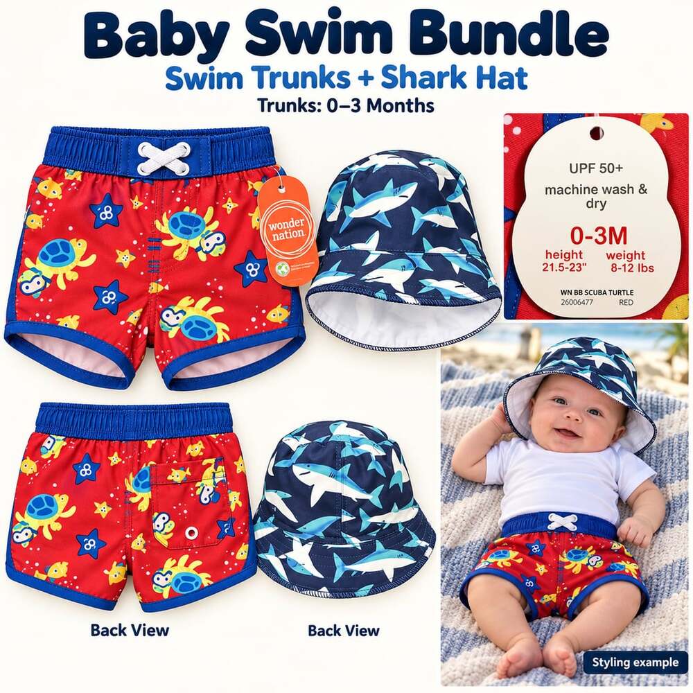 Baby Boys Swim Bundle Wonder Nation Turtle Trunks 0–3M + Shark Sun Hat